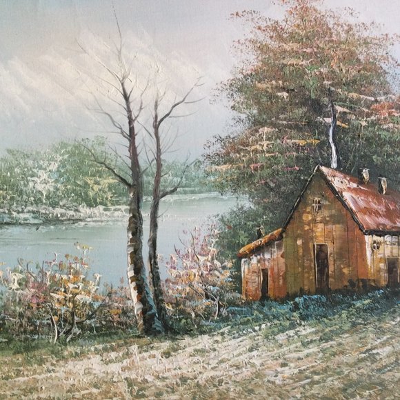 Original landscape painting on canvas framed river house tree in a light frame - Picture 2 of 7